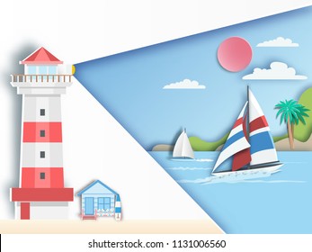  lighthouse with  sailboat on sea background . paper art style.