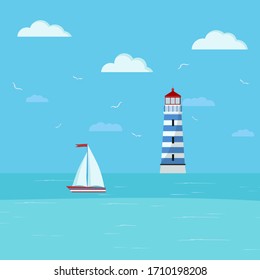 Lighthouse and sailboat on seascape. Seaside with blue water, clouds, ship, lighthouse building. Vector illustration of sea landscape background in flat cartoon style. Summer time banner.