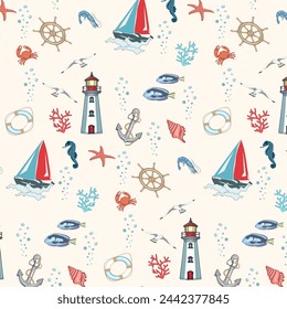 Lighthouse and sailboat in a pattern.Vector seamless pattern with lighthouse, sailboat and sea animals.