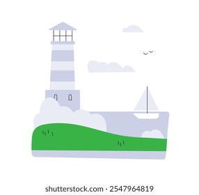 Farol, veleiro navegando em água do mar calma. Paisagem da natureza com barco e torre de farol na costa, costa. Ambiente marinho náutico. Ilustração de vetor plano isolada no plano de fundo branco