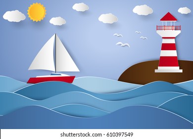 lighthouse and sailboat with seascape , paper art style