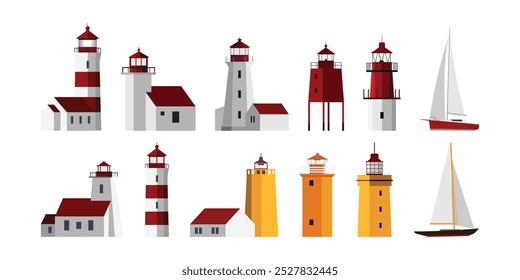 Lighthouse and sailboat vector set , Tower lighthouse, geometric minimal flat vector illustration