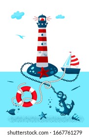 A lighthouse with a sailing boat and a lifeline. On the sea floor anchor and fish. Vector illustration. In a bright cartoon style.
