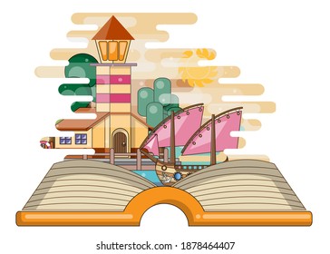 Lighthouse and sailing boat on the open book. Isolated on white background. Vector illustration.