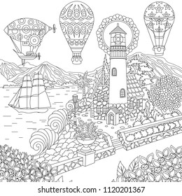 Lighthouse. Sailing ship. Dirigible. Hot air balloons. Coloring page. Colouring picture. Coloring book. Freehand sketch drawing. Vector illustration.