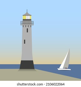 Lighthouse with a sailing yacht , vector illustration.