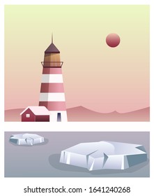 Lighthouse and Scandinavian landscape minimalistic vector illustration. Sunset and ocean with ice isles. Northern landscape illustration