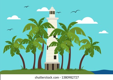 Lighthouse  scene with coconut trees Vector