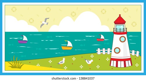 Lighthouse scenery - Cute vector illustration a lighthouse, seagulls, boats and decorative elements. Eps 10