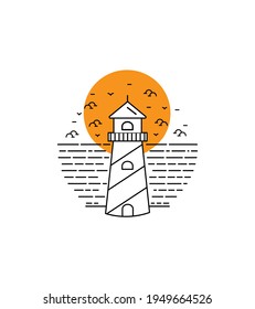the lighthouse and the sea in the afternoon -sunset in mono line art , badge patch vector, T-Shirt Art