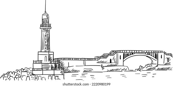 Lighthouse in the sea Alexandria in Egypt Sketch