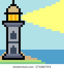 Leuchtturm mit Meereshintergrund im Pixel-Art-Stil.