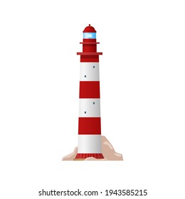 Lighthouse, sea beacon tower light or searchlight coastal light house, vector. Coast night signal, port guide for ship safety sailing and navigation, white and red lighthouse tower, isolated flat icon