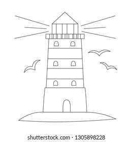 Lighthouse and sea bird. Line art for coloring book. Vector coloring page.