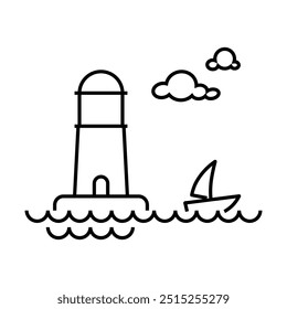 lighthouse at sea and boat sailing under cloudy sky icon, Summer Vacation Holiday