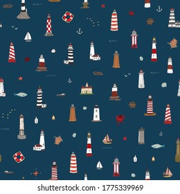 Lighthouse in the sea with boats, fish, anchor, turtle, helm vector hand drawn seamless pattern