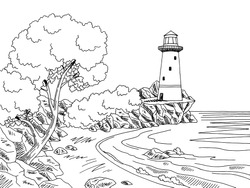 Lighthouse Sea Coast Graphic Black White Landscape Sketch Illustration Vector