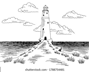 Lighthouse sea coast graphic black white landscape sketch illustration vector