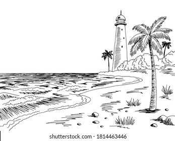 Lighthouse sea coast graphic black white landscape sketch illustration vector