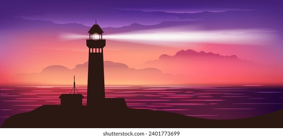 El paisaje de la costa del mar en el faro. Viernes marinas oceánicas con faro construcción luz solar reflejo agua ilustración vectorial
