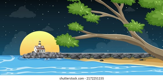 Lighthouse sea coast at night background illustration