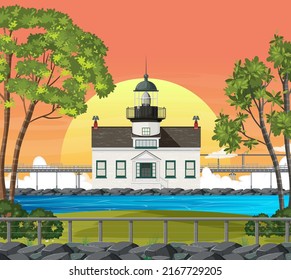 Lighthouse sea coast at sunset background illustration