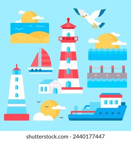 Lighthouse and sea elements illustration with ship, yacht and seagull 