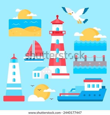 Lighthouse and sea elements illustration with ship, yacht and seagull 
