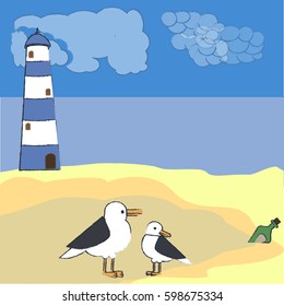 Lighthouse, sea ,gulls.