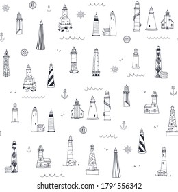 Lighthouse sea hand drawn vector seamless pattern