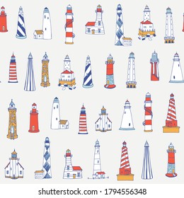 Lighthouse sea hand drawn vector seamless pattern