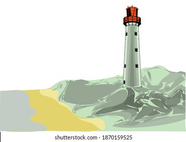 lighthouse and sea isolated on white background