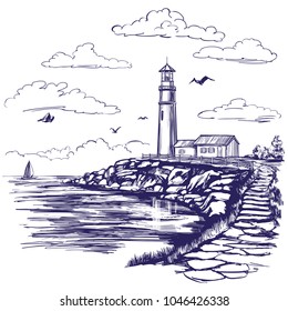lighthouse and sea landscape hand drawn vector illustration sketch