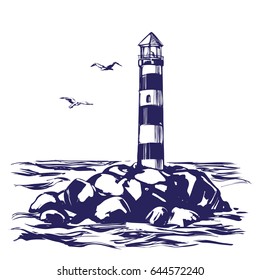 lighthouse and sea landscape hand drawn vector illustration realistic sketch