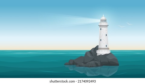Lighthouse in sea landscape, harbor at dawn or sunset vector illustration. Seaside beacon with navigation searchlight on rocky island with cliffs, coastline scene with blue sky and waves background