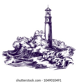 lighthouse and sea landscape, storm hand drawn vector illustration realistic sketch