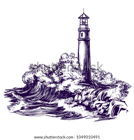 lighthouse and sea landscape, storm hand drawn vector illustration realistic sketch