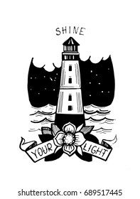 Lighthouse in the sea with lettering. Old school tattoo style.Hand drawn outline illustration converted to vector.