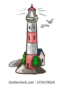 Lighthouse. Sea light white watercolor symbol beacon with lighted night beam and seagulls isolated vector illustration