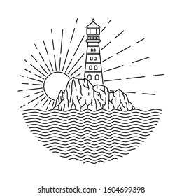 Lighthouse Sea Line Graphic Illustration Vector Art T-shirt Design