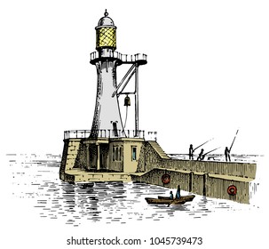 Lighthouse and sea. Marine sketch, nautical journey and seascape. Lighting in the ocean. engraved vintage, hand drawn, atlantic tidal wave. Navigation for ships and yachts.