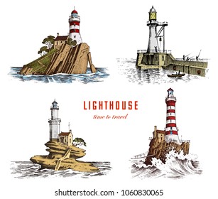 Lighthouse and sea. Marine sketch, nautical journey and seascape. Lighting in the ocean. engraved vintage, hand drawn, atlantic tidal wave. Navigation for ships and yachts.