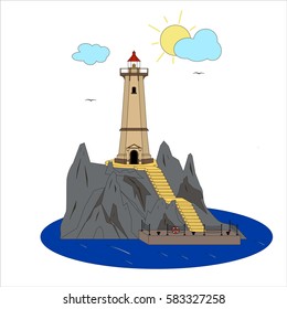 Lighthouse, sea and mountains. Landscape of the island in the daytime. Searchlight signal tower. Isolated on white background. Vector illustration.