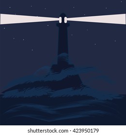 lighthouse sea night landscape abstract art illustration minimalism flat style vector  blue background