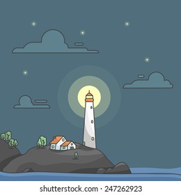 Lighthouse In The Sea At Night, Landscape Vector Background