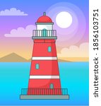 Lighthouse in sea or ocean, navigation building for ships, cartoon vector red lighthouse, beacon