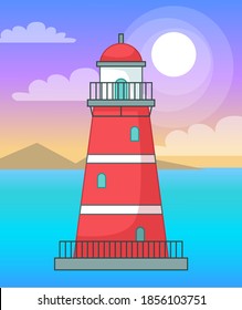 Lighthouse in sea or ocean, navigation building for ships, cartoon vector red lighthouse, beacon's tower with balcony, windows and spire, bright light, building, watchtower, maritime concept