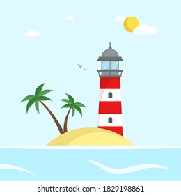 Lighthouse in the sea on the island with palm trees. Flat style. Vector illustration 