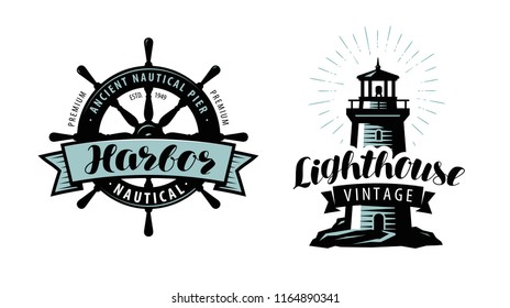 Lighthouse, sea pier, harbour logo or label. Nautical concept. Typographic design vector