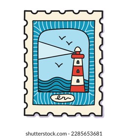 Lighthouse in the sea postal mark vector illustration. Cute cartoon drawing with marine scene. 